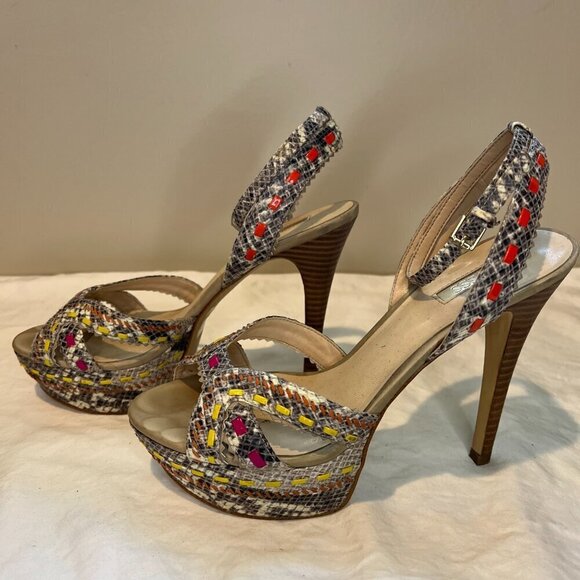 Guess Odonna 2 Platform Open Sandals Multi Ankle Strap Python Heels, Size 8M - Picture 9 of 15